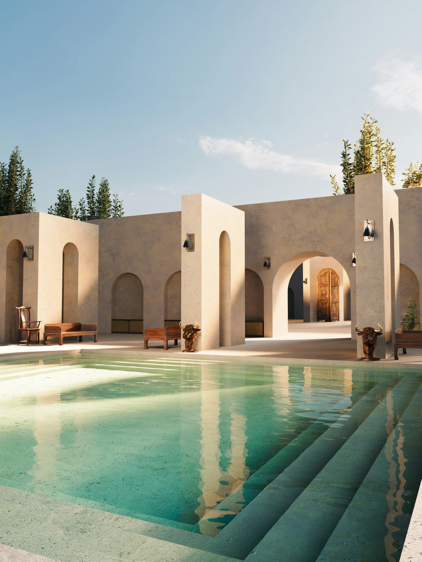 A courtyard pool under stone arches