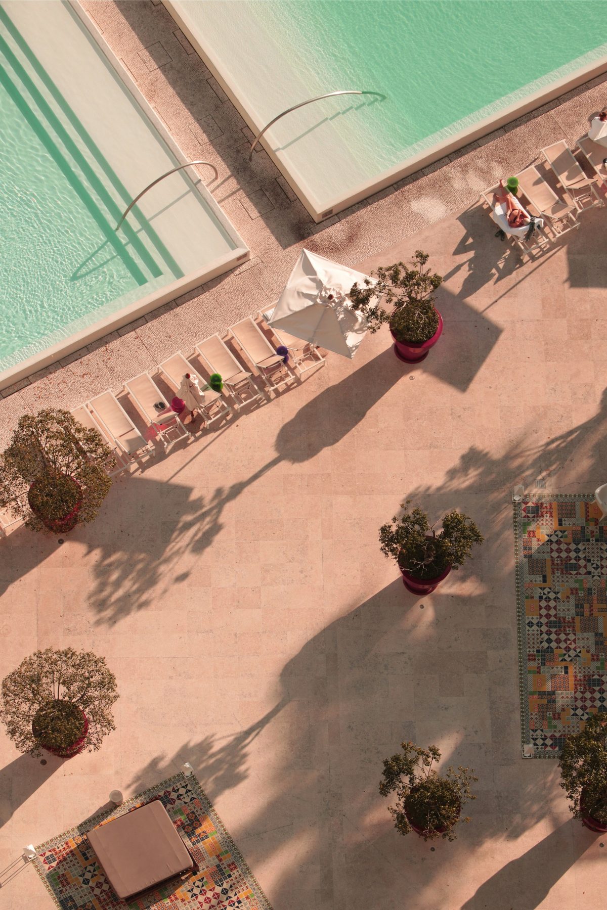 A pool terrace from above