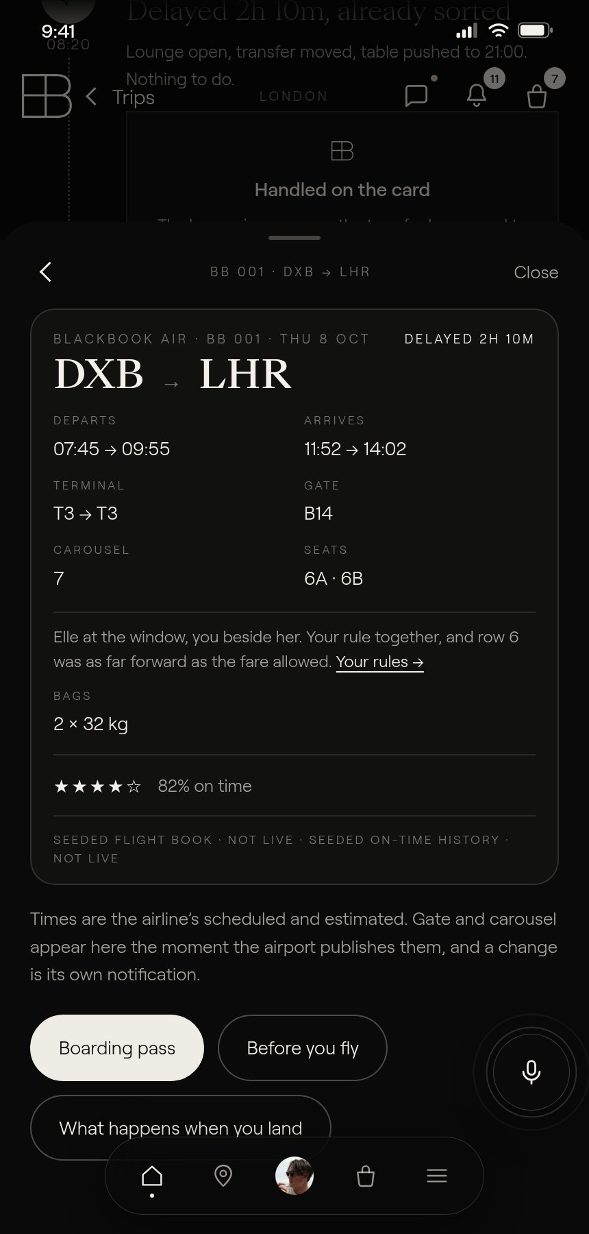 The flight in the app: seats, bags, on-time record, boarding pass and what happens on landing