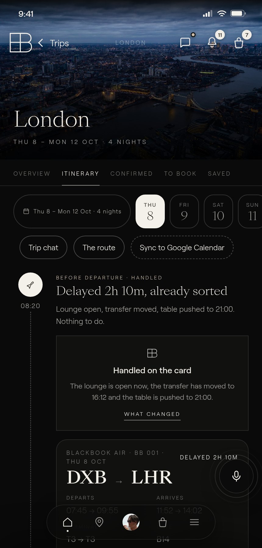 The trip put together in the app: the flight, the stay, the car and the table, as one itinerary