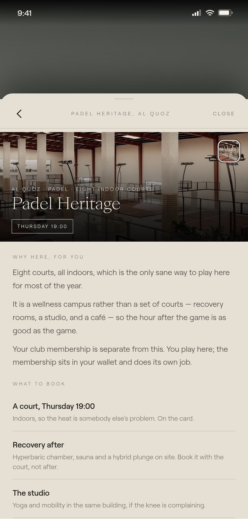 Padel Heritage’s page inside the app
